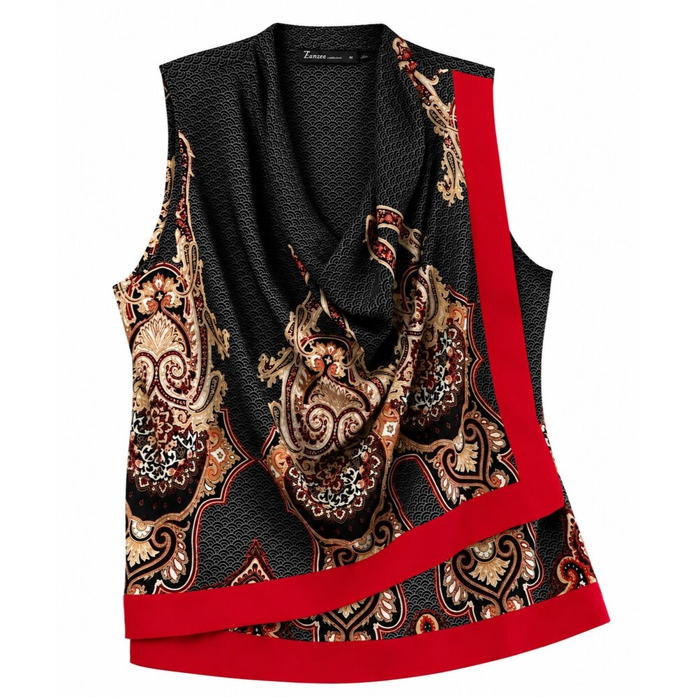 Women's Sleeveless Satin Top Blouse Plus Size XXL Black Red Paisley Design